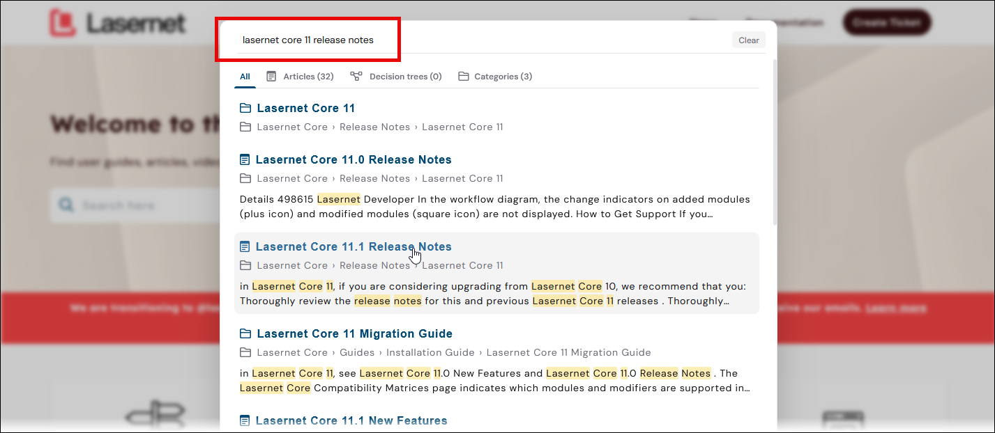 Search results for a quick search in the knowledge base with a red rectangle indicating the search term box.